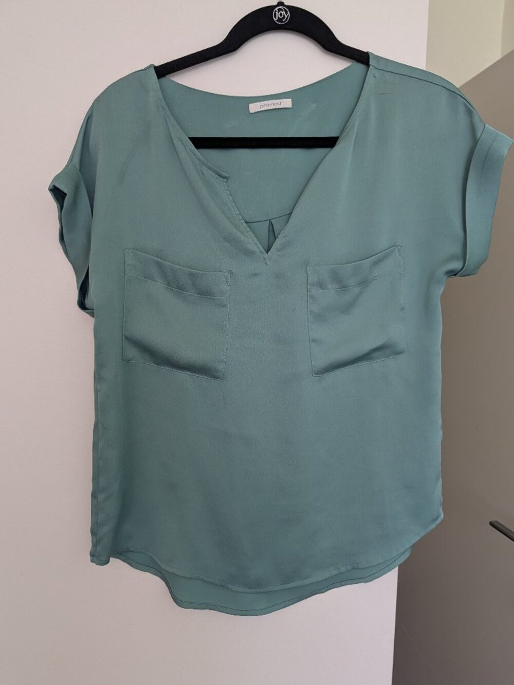 Promod Sage Green Satin Cap Sleeve Blouse Two Pocket V-Neck Size M